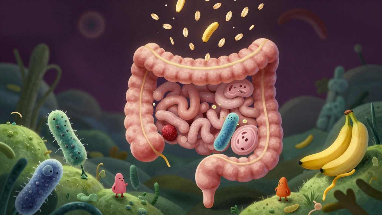 Umělá reprezentace střev s užitečnými bakteriemi obnovujícími mikroflóru pod vlivem prebiotik.