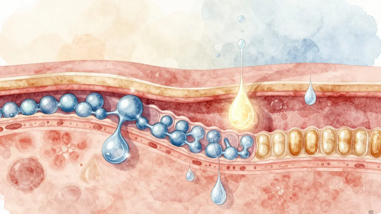 Vnitřní struktura pleti s molekulami kyseliny hyaluronové a ceramidů.