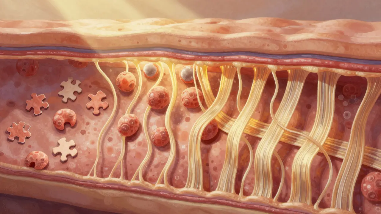 Buňky kůže produkující celistvé kolagenové vlákna oproti rozloženým peptidům