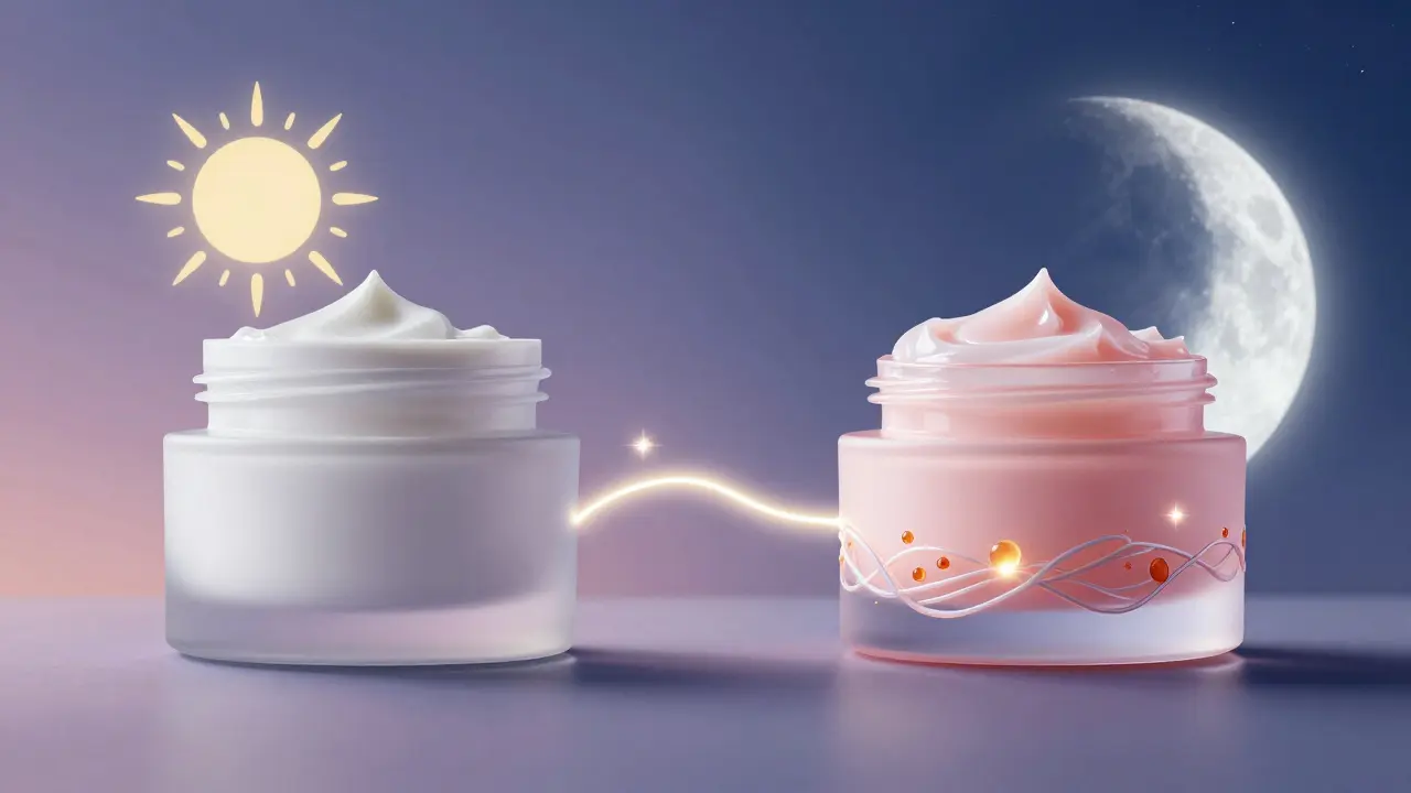 Denní a noční krém v kontrastu: lehký krém s sluncem a bohatý krém s měsíčním světlem.