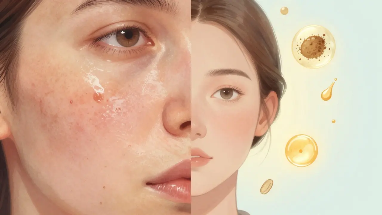 Dvě strany obličeje: jedna s zablokovanými póry a mastným leskem, druhá s čistou, zdravou pletí po správném čištění.