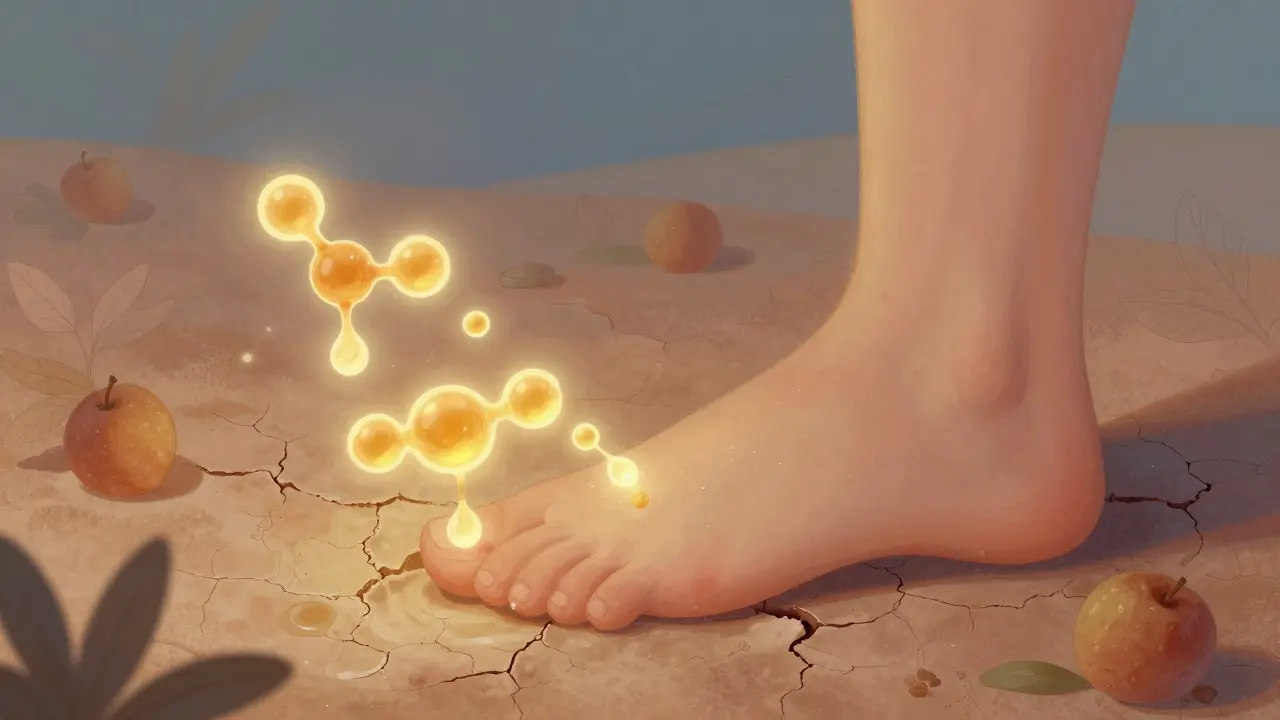 Glycerinové molekuly přitahují vodu do prasklé kůže, spojené s přírodními prvky.