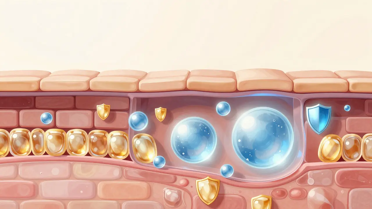 Ilustrace pokožkové bariéry s ceramidy, hyaluronovou kyselinou a antioxidanty.