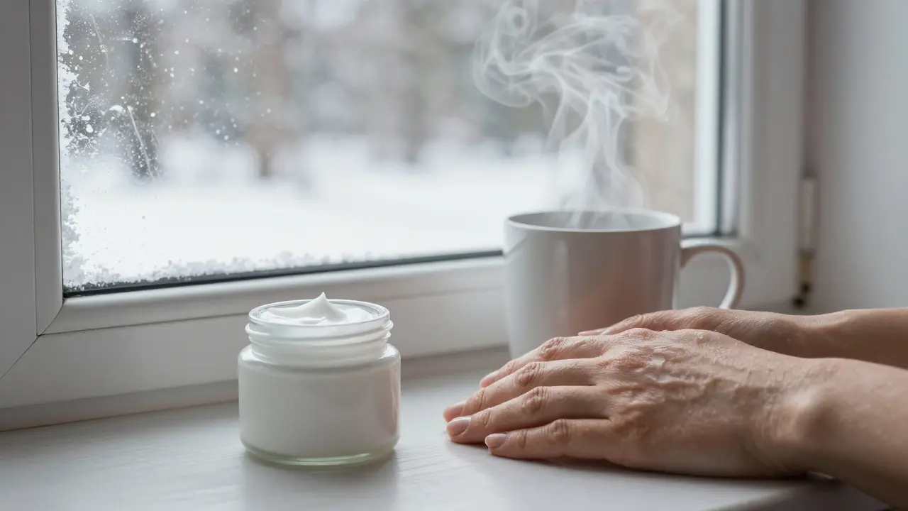 Jednoduchý krém s glycerinem vedle měkkých, hydratovaných rukou v zimním prostředí.