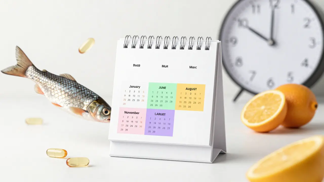 Kalendář s označenými obdobími užívání kolagenu a symboly podpory výživy.