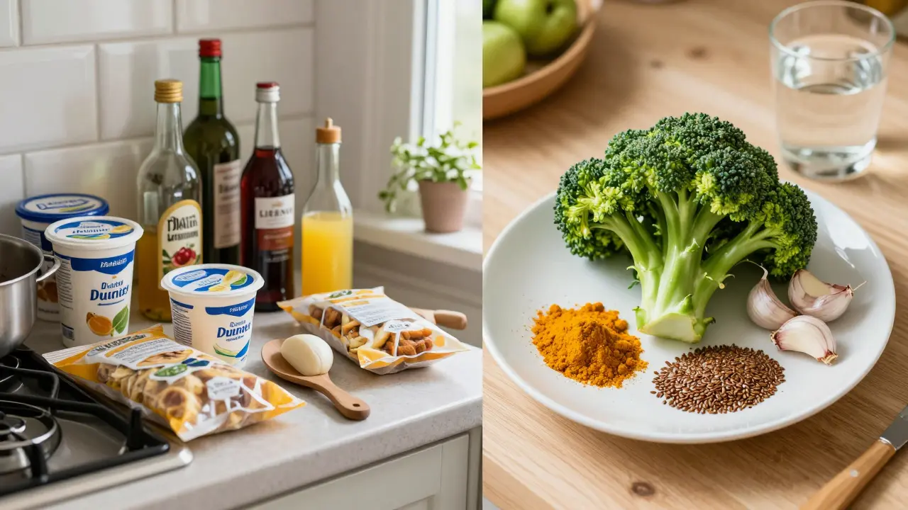 Kontrast mezi škodlivými a podporujícími potravinami pro játra