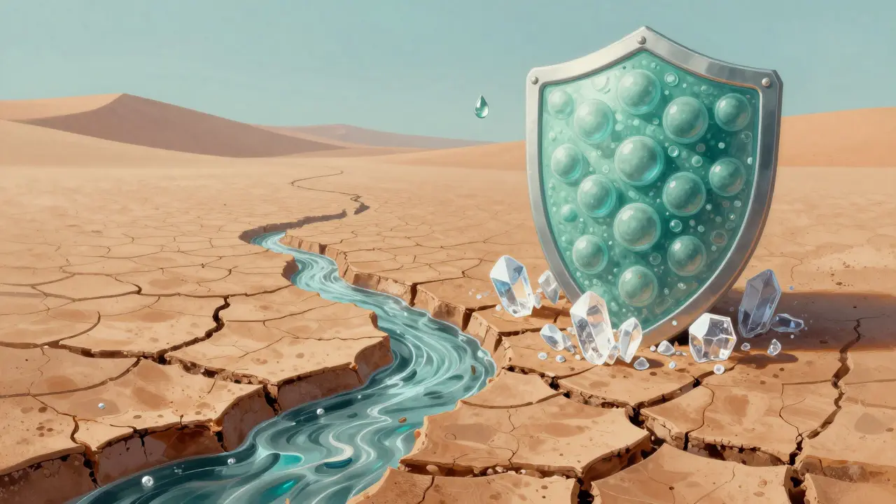 Krajina suché pokožky napájená hydratačními látkami a chráněná lipidovou bariérou.