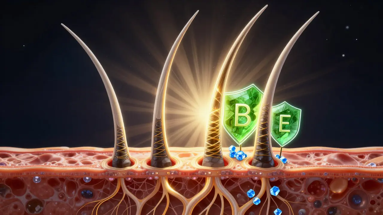 Křížový řez vlasového folikulu napájeného vitamíny jako zlatými, zelenými a modrými energiemi.