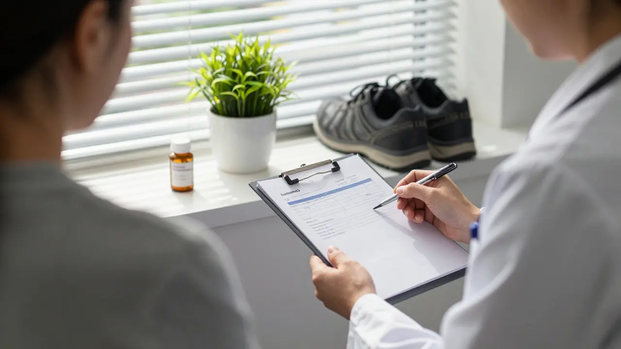 Lékař ukazuje pacientce výsledky krevních testů, zatímco multivitamíny leží nevyužité na windowsill.