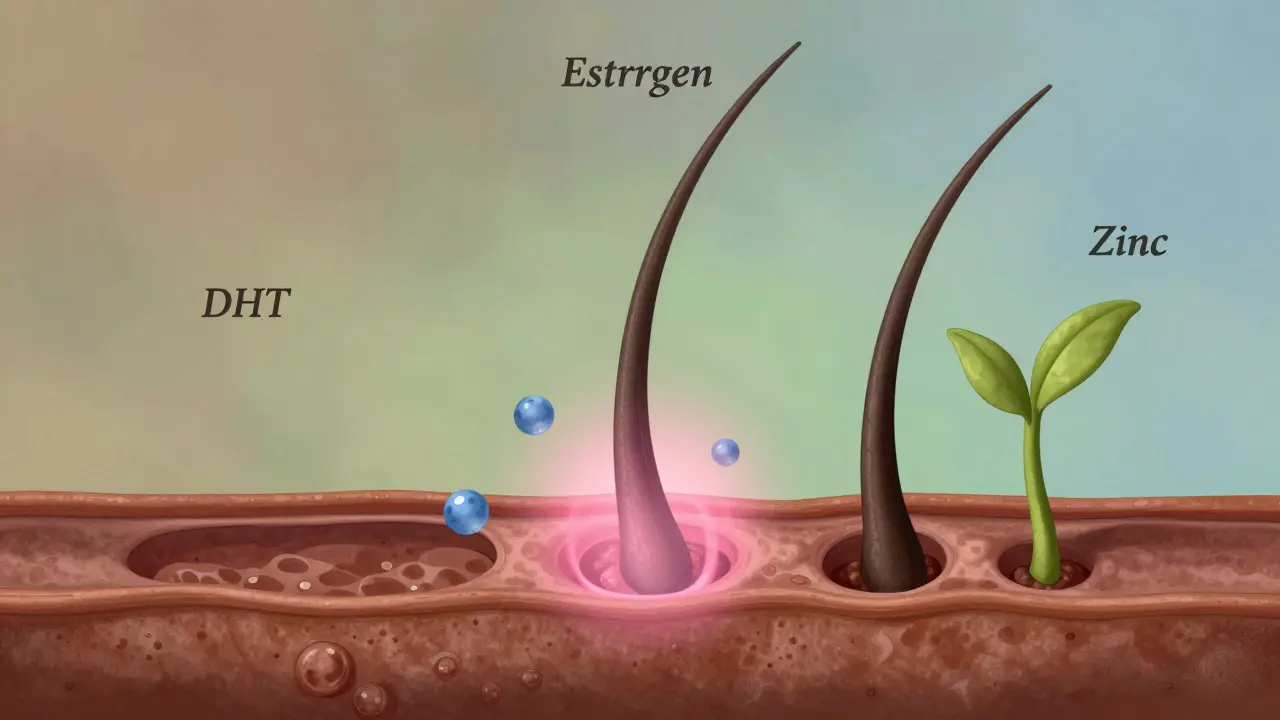 Mikroskopický pohled na vlasový folikul s hormonálními molekulami a nově rostoucím vlasem.