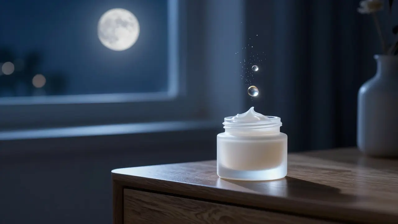 Noční krém na nočním stolku při měsíčním světle s abstraktními částicemi aktivních látek.