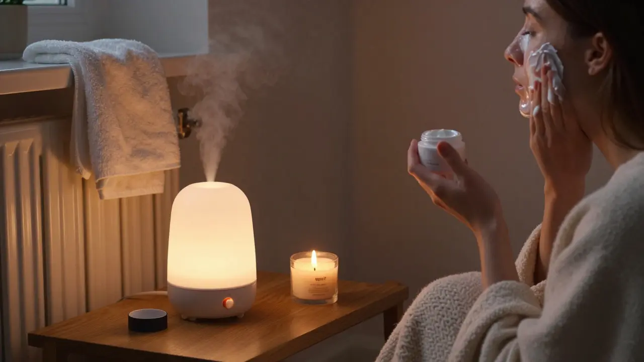 Osoba aplikuje krém na pleť večer při světle svíčky, vedle ní vlhčovač vzduchu a mokrá rukověť na radiátoru.