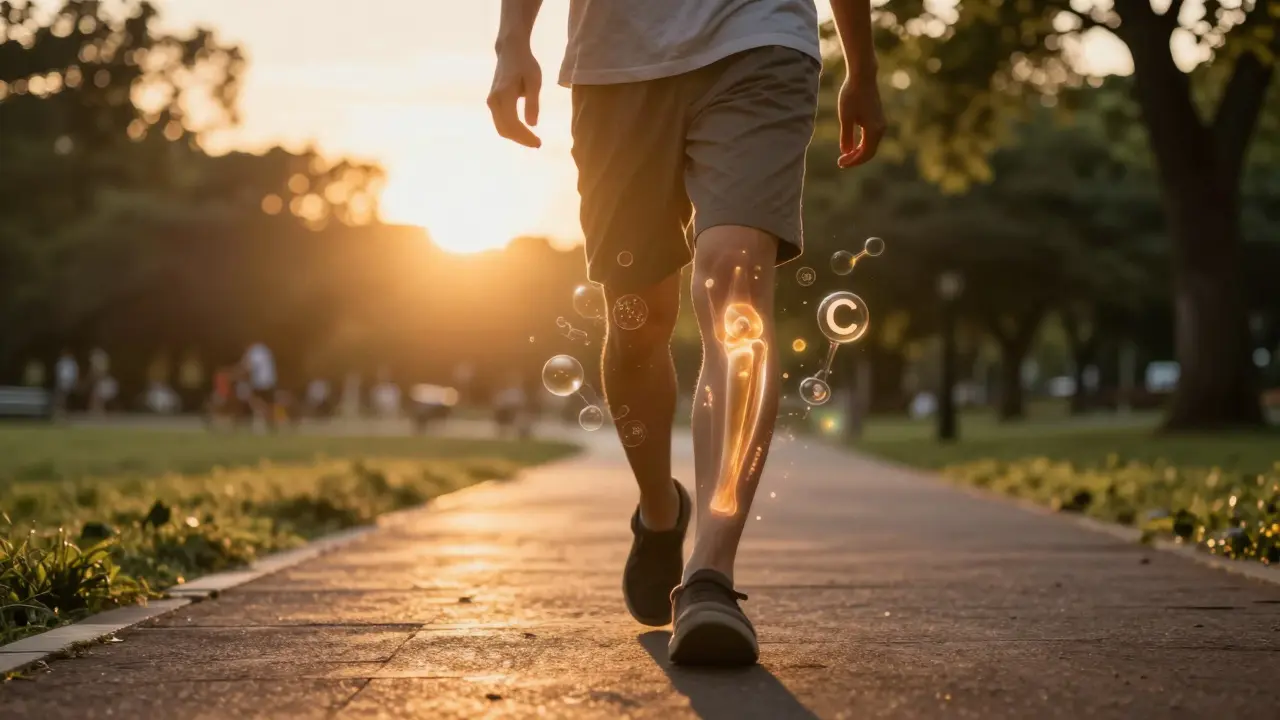 Postava kráčí večerem v parku, kolem kolenních kloubů se vznášejí molekuly podporující klouby.