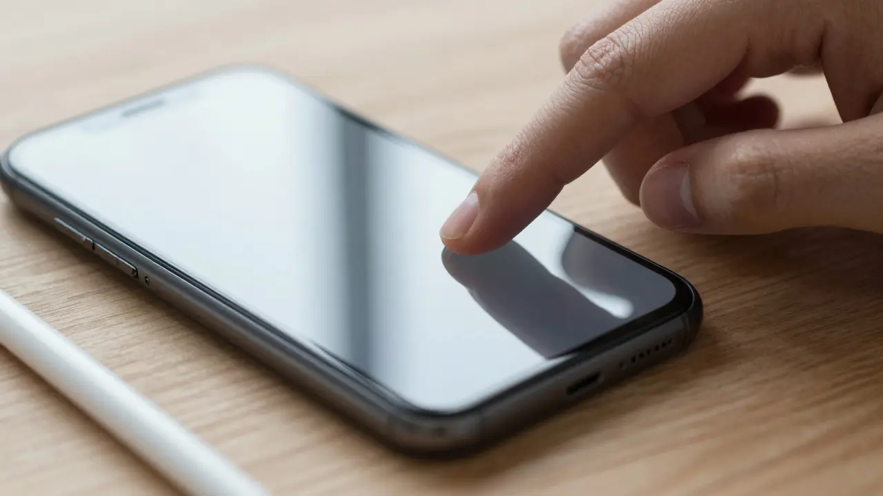 Prst klepe na telefonu bez nehtu, vedle leží stylus – ochrana proti lámání.