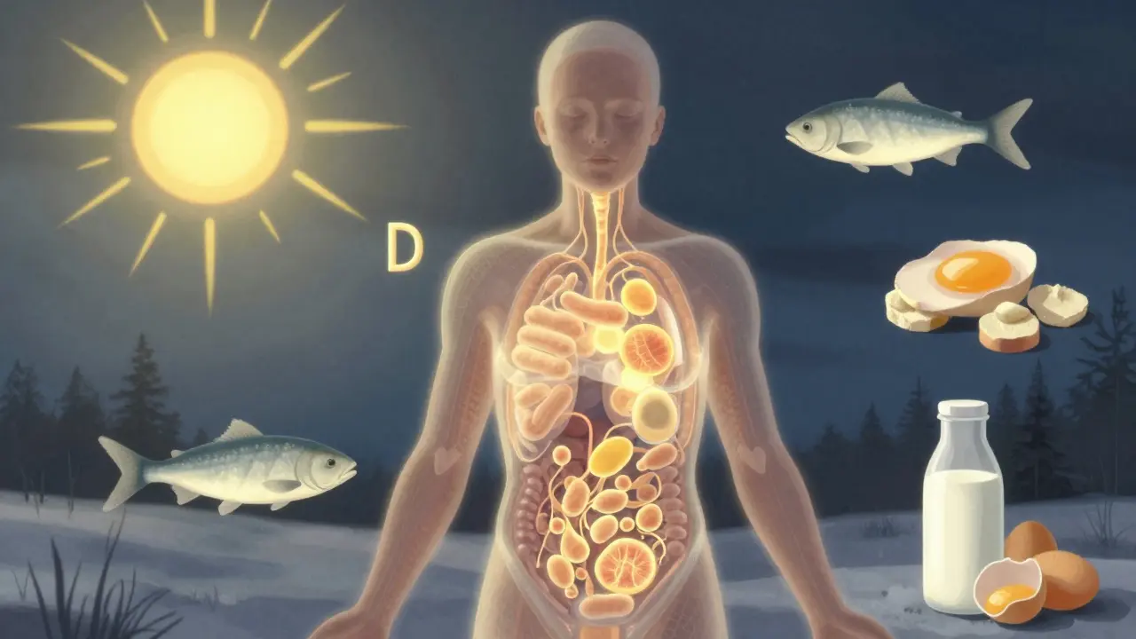 Průhledný lidský tělo s imunitními buňkami osvětlenými zlatým světlem a zdroji vitamínu D v pozadí.