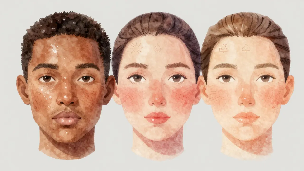 Rozdělený obličej znázorňující různé typy pleti: mastnou, suchou, citlivou a normální.