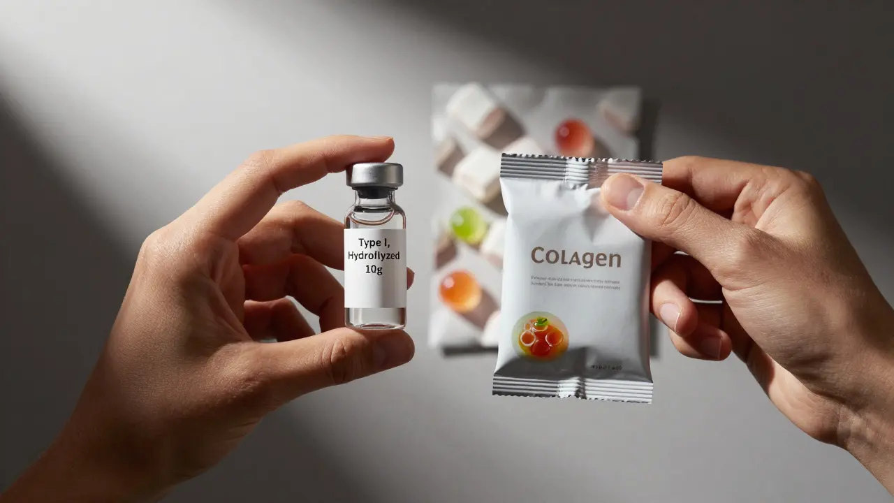Ruce držící mořský kolagen a želatinu s odrazem zdravé kůže a jídel
