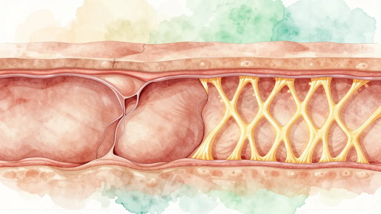 Srovnání struktury kůže s a bez kolagenu: slabá pojivová tkáň vs. pevné kolagenové vlákna.