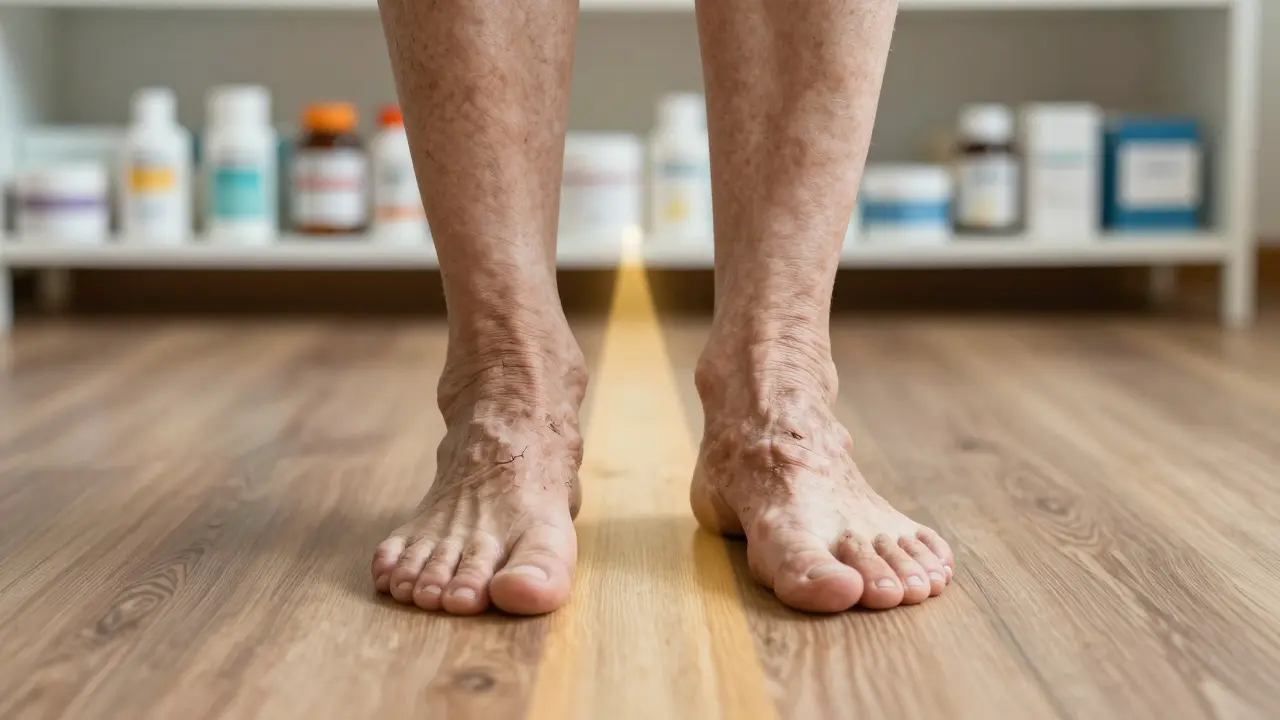 Starý člověk chodí bosý, jeho nohy ukazují známky zanedbání, za ním se táhne zlatá cesta.