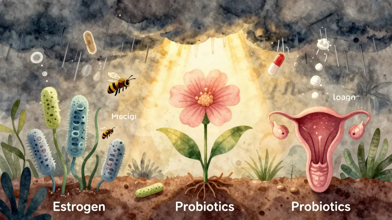 Symbolický obraz rovnováhy ženského těla s laktobacily jako včelami