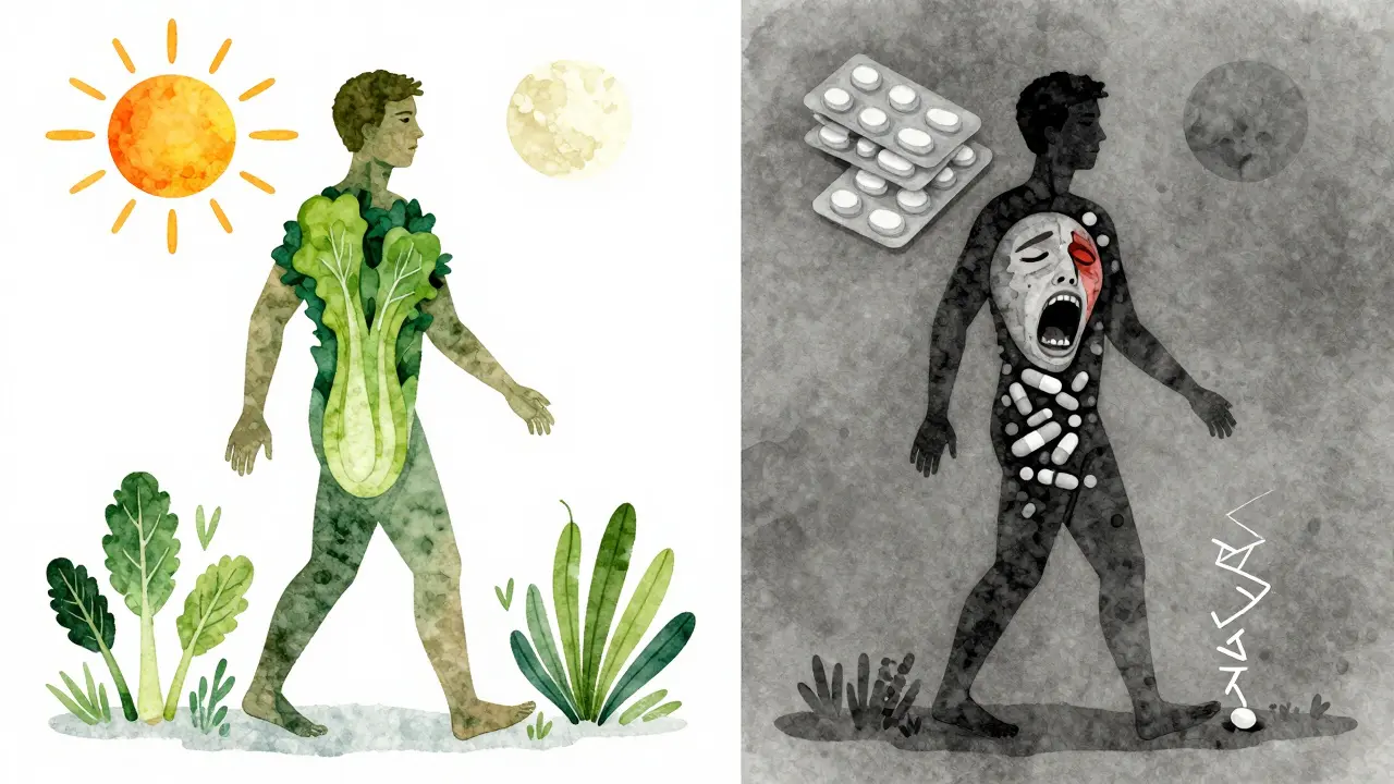 Symbolický obraz těla s jednou stranou plnou energie a druhou plnou pilulek a spánkových poruch.