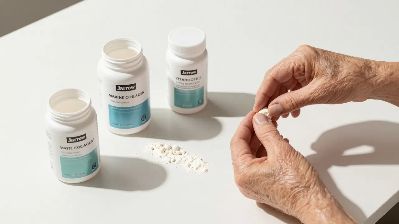 Tři balení mořského kolagenu s rukama, které se pohybují, symbolizující zlepšení pohyblivosti