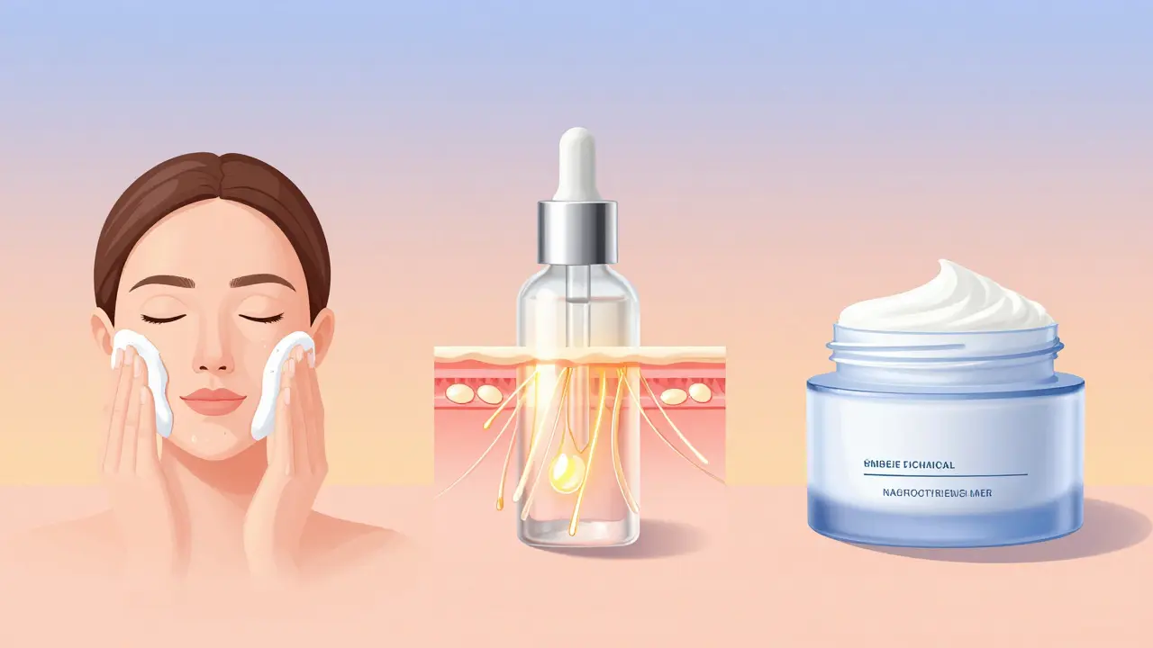 Tři kroky péče o pleť: čistička, sérum a krém s hydratačními látkami.