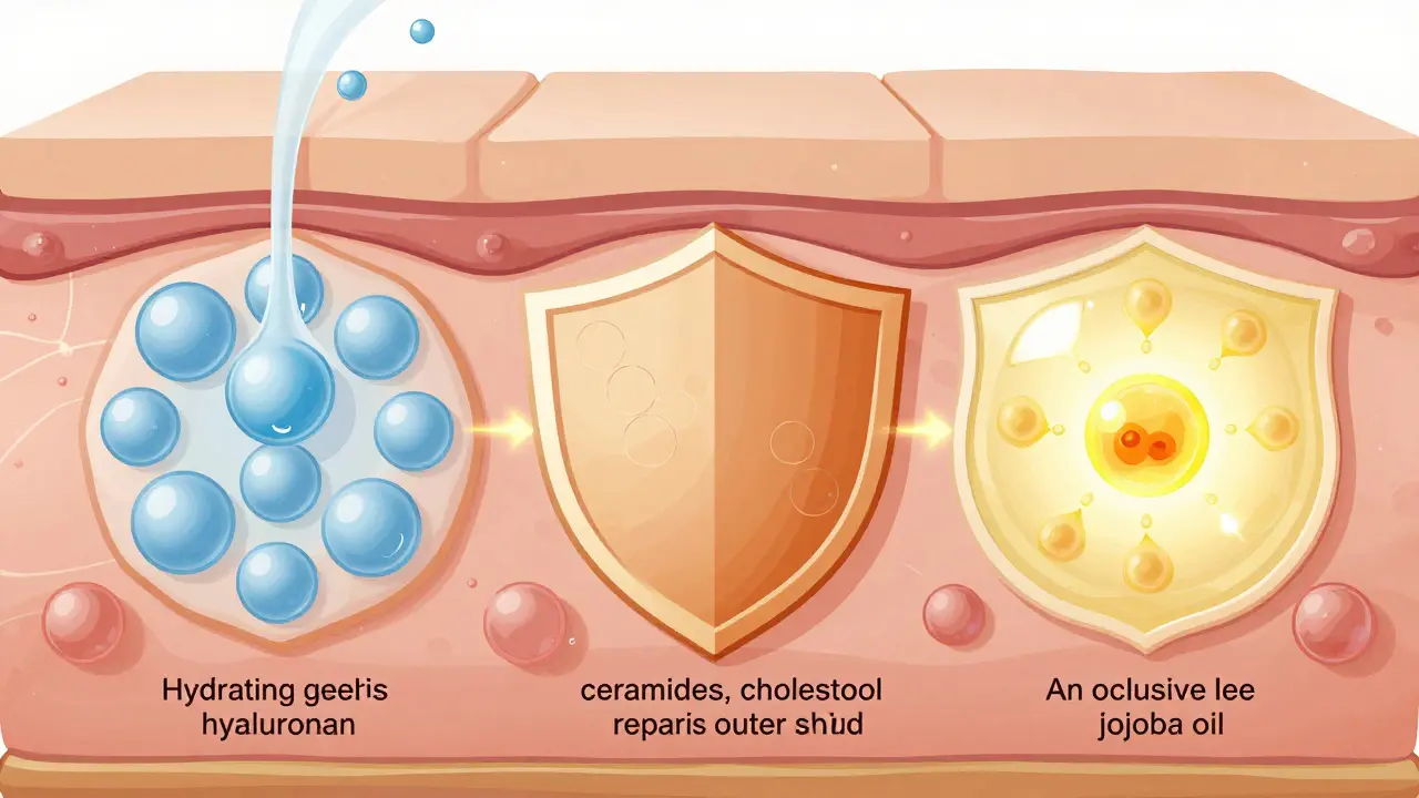 Umělecké znázornění kůže s třemi vrstvami hydratace: hydratační látky, lipidová bariéra a ochranná vrstva oleje.