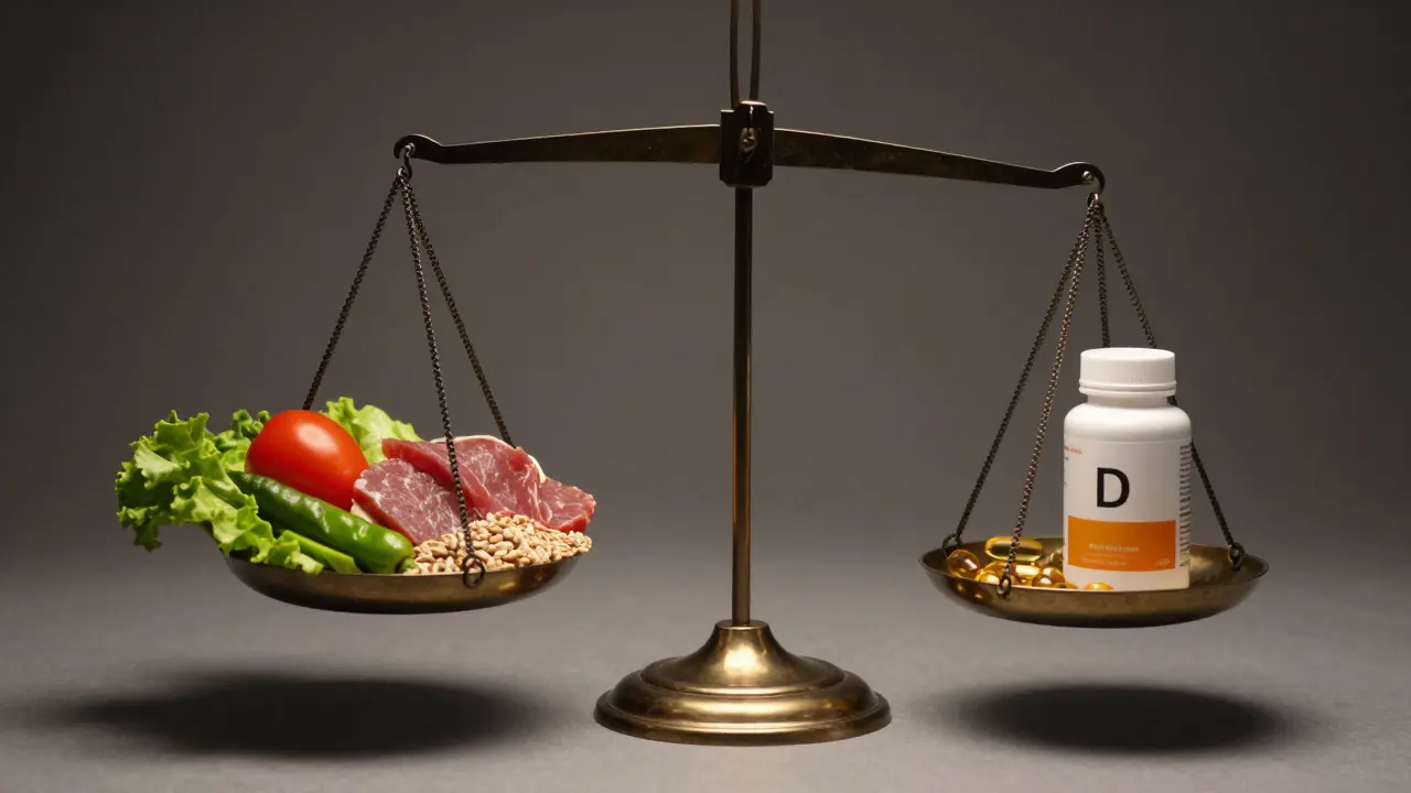 Váha s celistvými potravinami na jedné straně a doplňky na druhé.