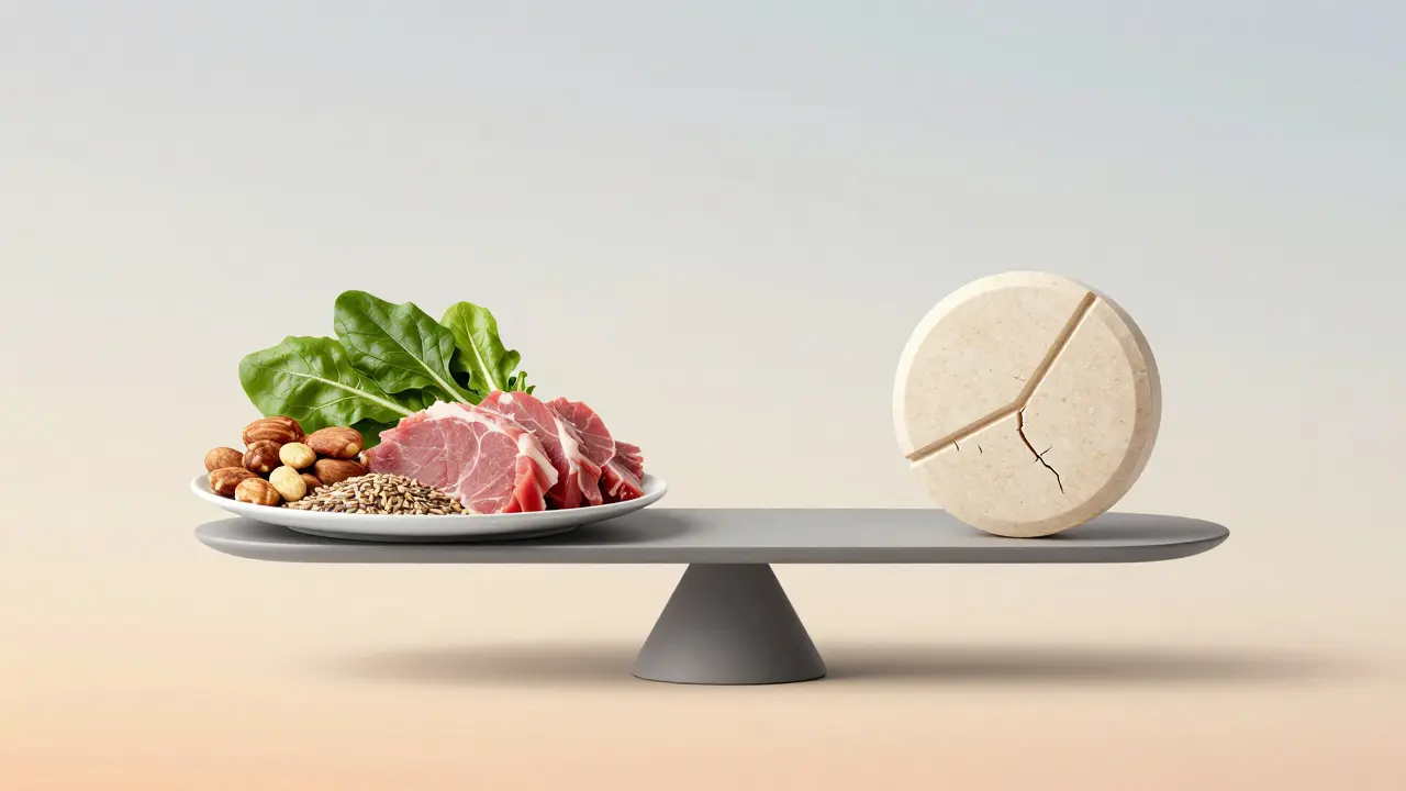 Váha s celozrnnými potravinami na jedné straně a tabletem vitamínu C na druhé, symbolizující převahu přirozené výživy.