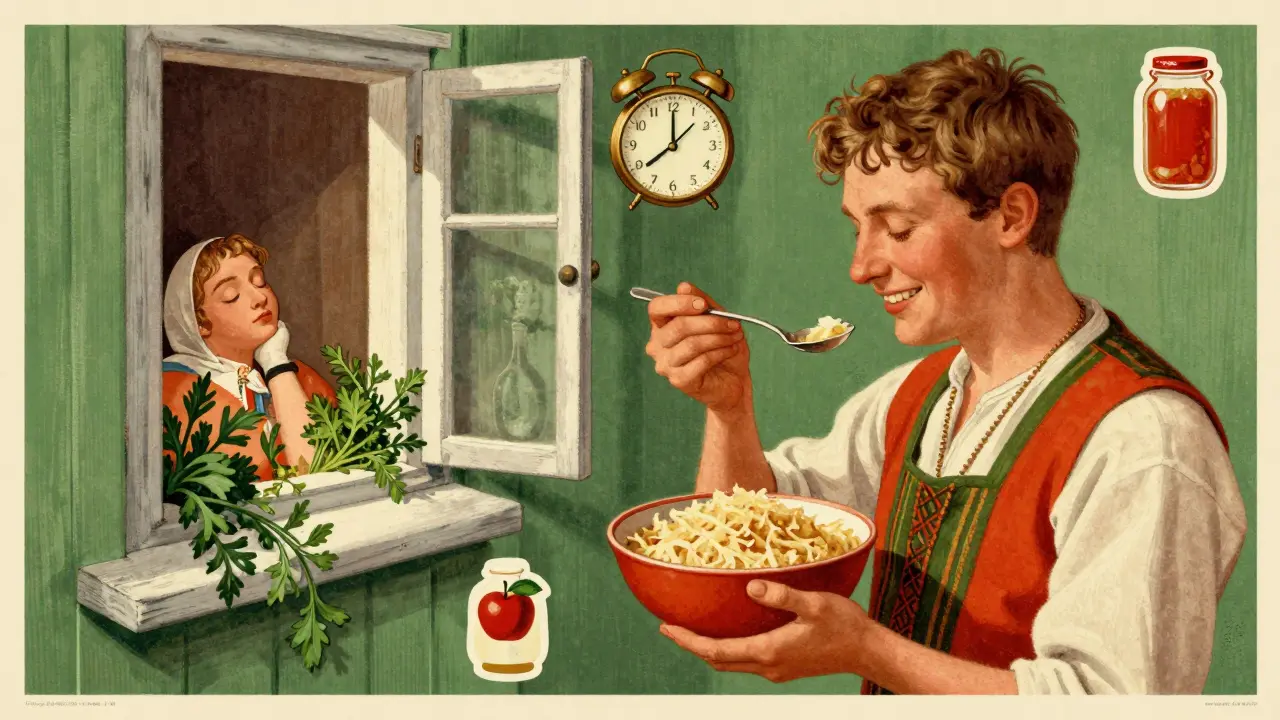 Vintážní český plakát s člověkem jedoucím kvass a zelím, symbolizující zdravý životní styl.