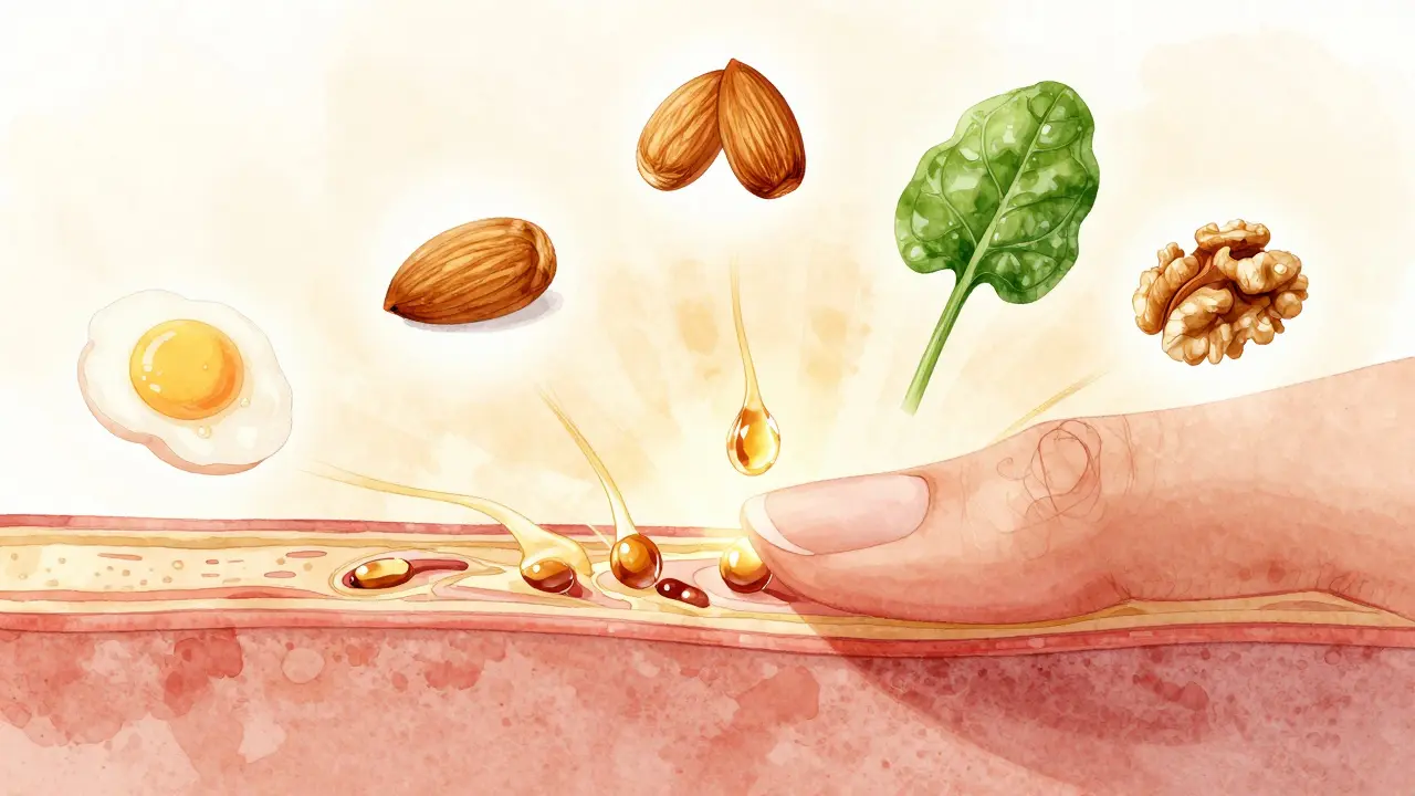 Vnitřní struktura nehtu s výživovými prvky jako vejce, ořechy a listová zelenina.