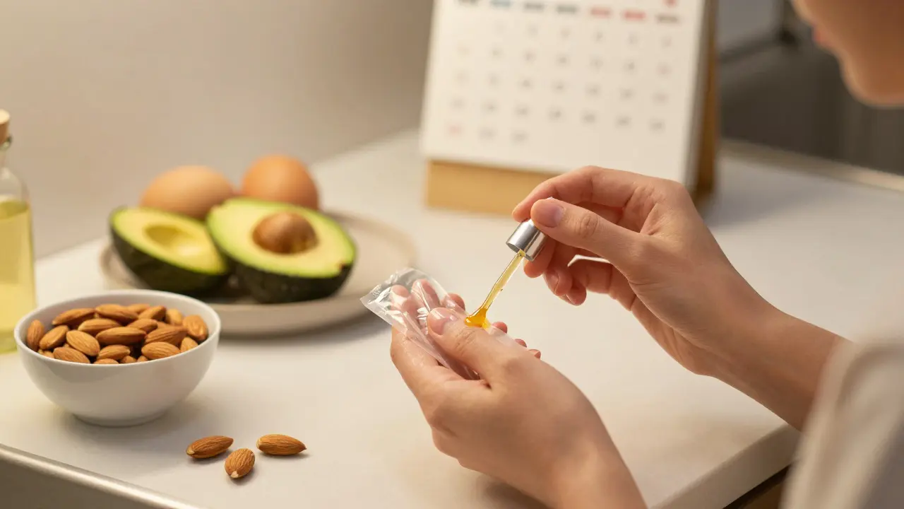 Žena aplikuje olej na nehty večer, kolem ní zdravé potraviny