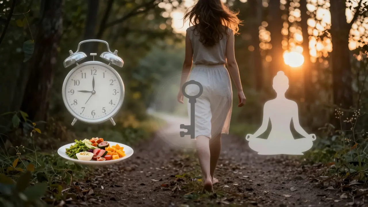 Žena chodí bosá lesní cestou v soumraku, kolem ní jsou symboly spánku, stravy a meditace.