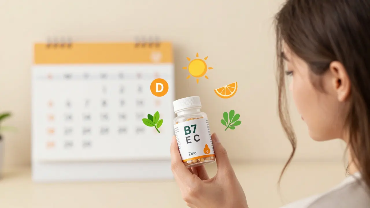 Žena drží doplněk vitamínů pro vlasy, kolem ní plavou ikony žárovky, citrusu a listové zeleniny.