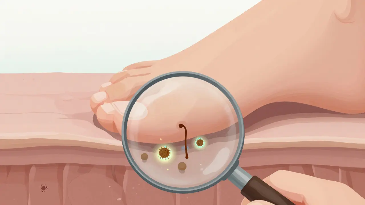 Zvětšený pohled na nohu s hrubou kůží a křivým nehtem rostoucím do kůže.