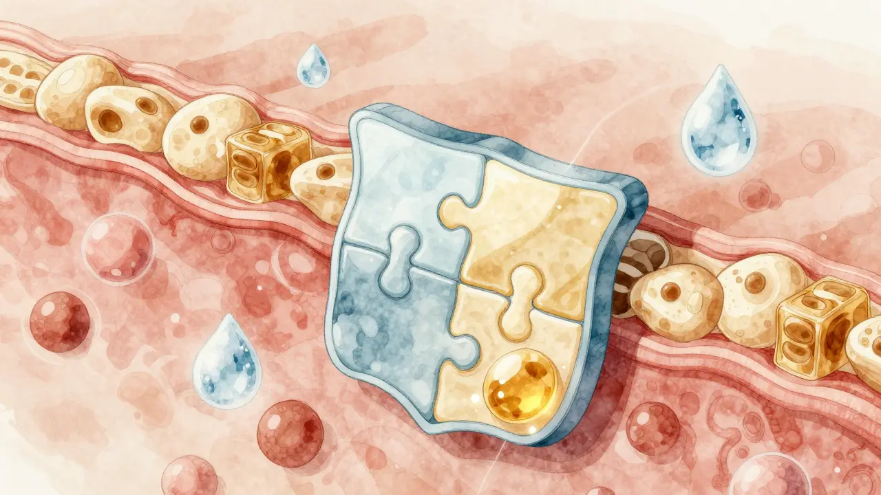 Abstraktní znázornění lipidové bariéry kůže s ceramidy a vlhkostí.