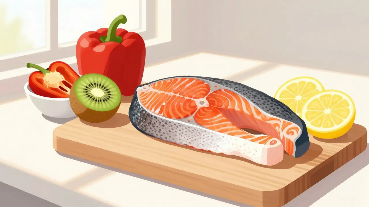 Čerstvá lososová ryba s kůží vedle papriky, kiwi a citrónu na dřevěné desce.