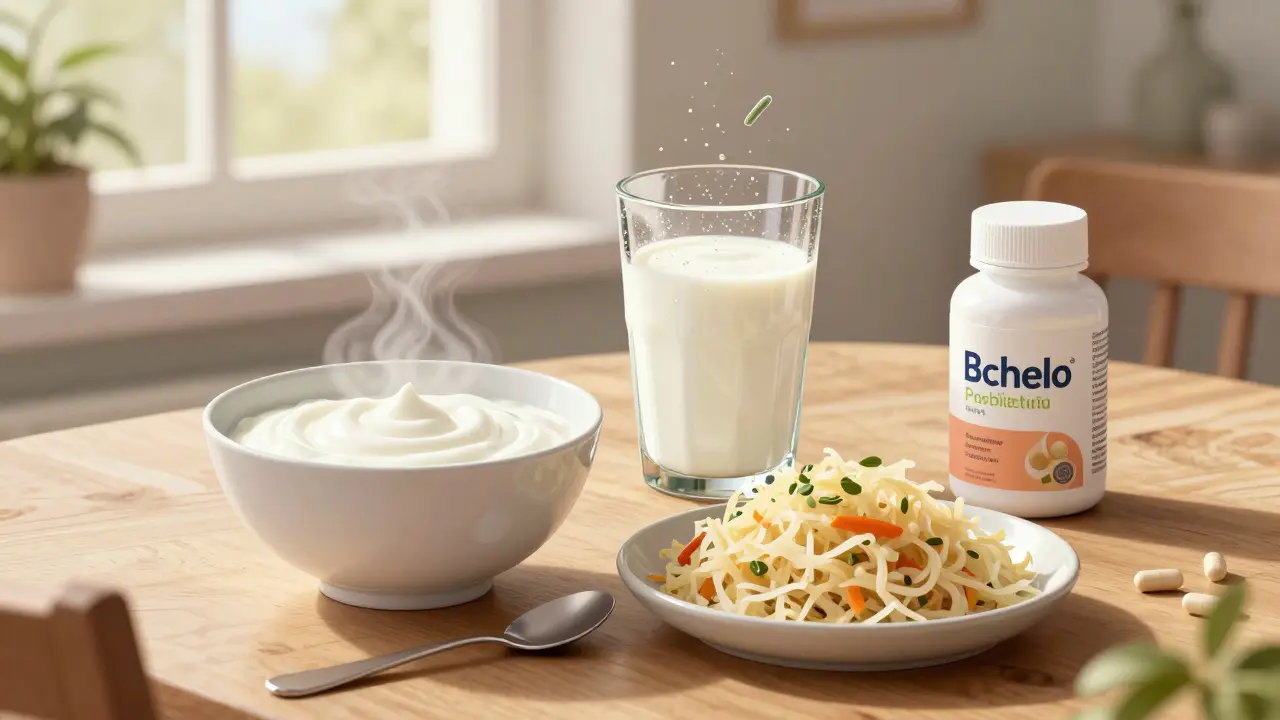 Česká snídaně s jogurtem, kefírem a kvaseným zelím jako přirozenými zdroji probiotik.