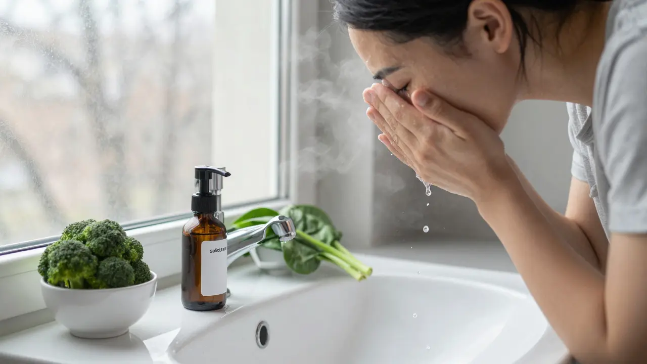 Člověk čistí obličej v koupelně s výživovými potravinami na podokně