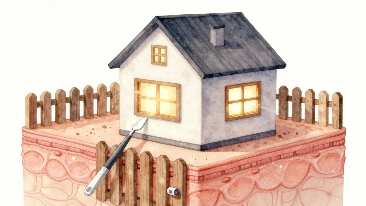 Dům jako metafora pokožky: sérum opravuje vnitřek, krém chrání zvenčí.