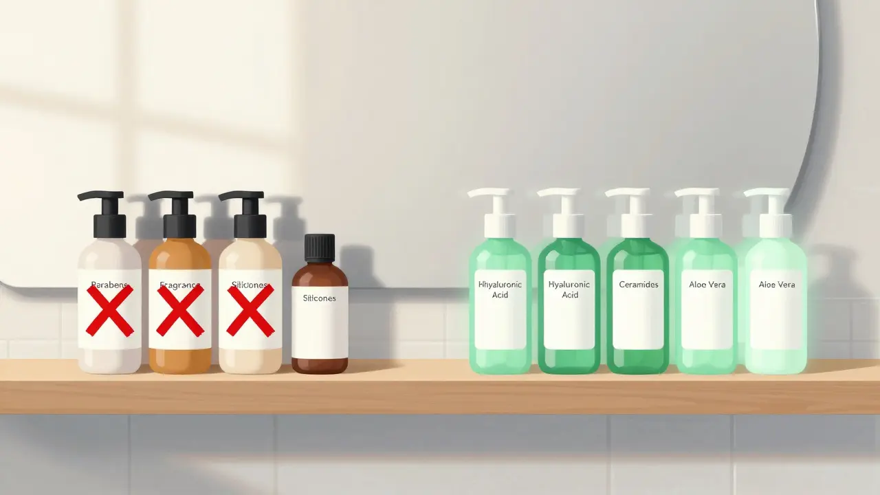 Dvě řady kosmetiky: jedna se škodlivými složkami, druhá s bezpečnými ingrediencemi.