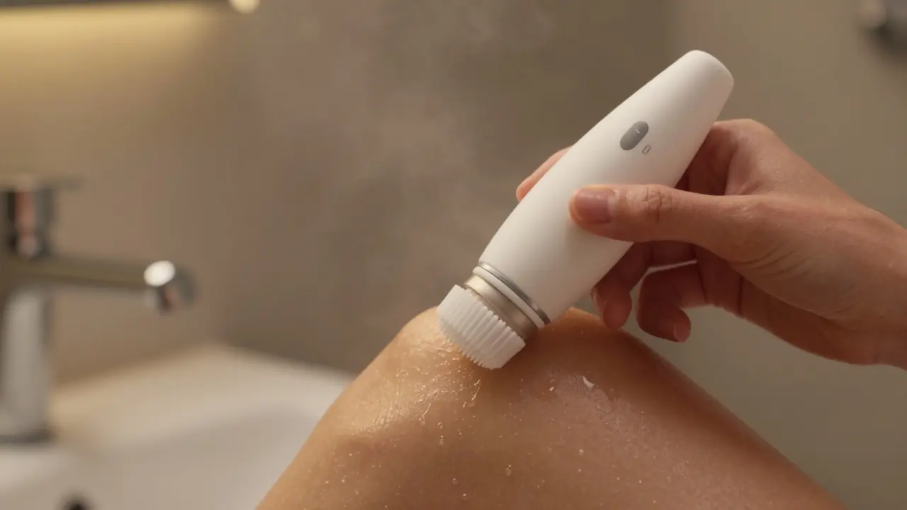 Hand using specialized intimate grooming device on damp skin in steamy bathroom