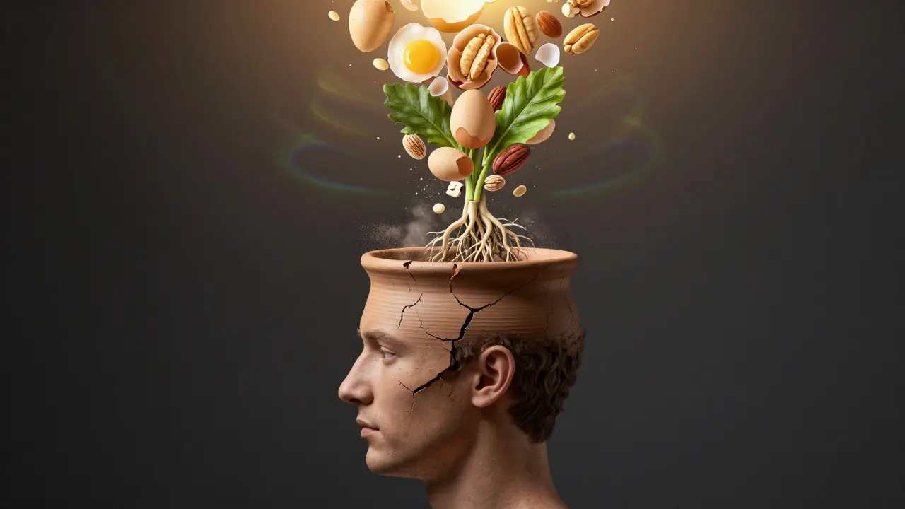 Hlava s vlasy přeměněnými na prasklou hrnčířskou nádobu, kořeny živí potraviny, končičky se rozpadají.