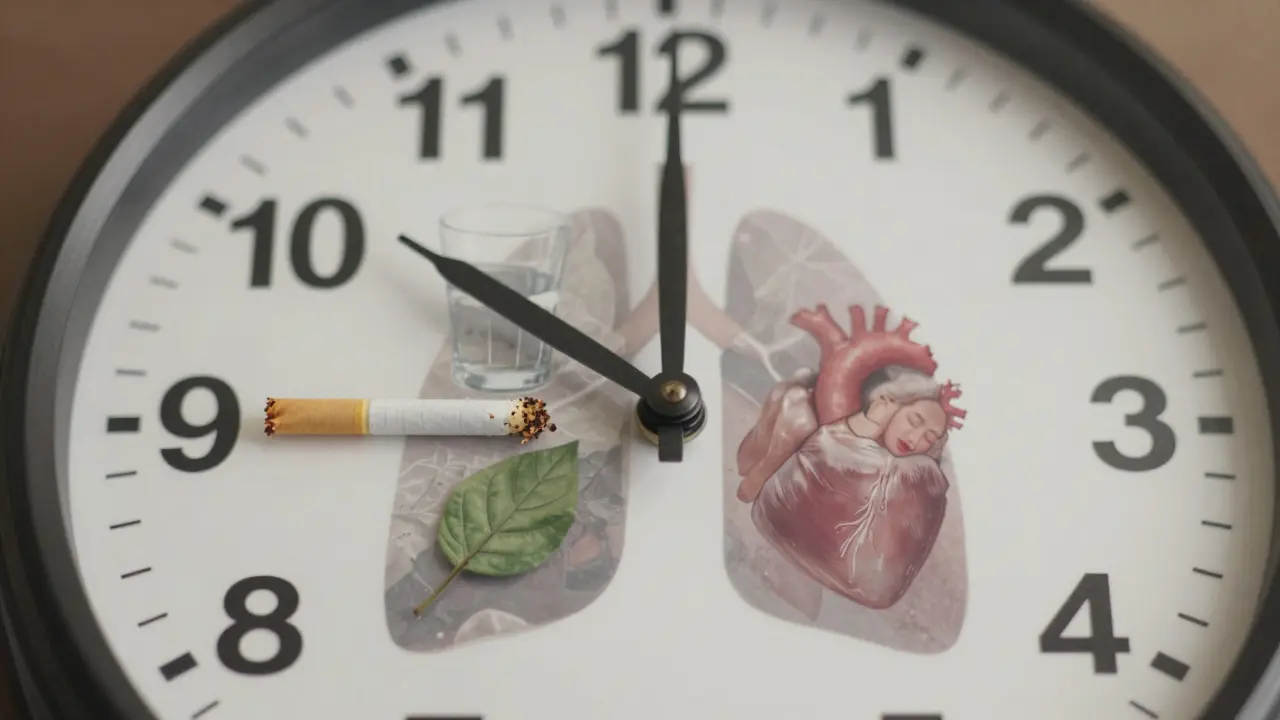 Hodiny ukazující 30 dní detoxikace s symboly vody, pohybu, spánku a zdravého srdce po přestání kouřit.