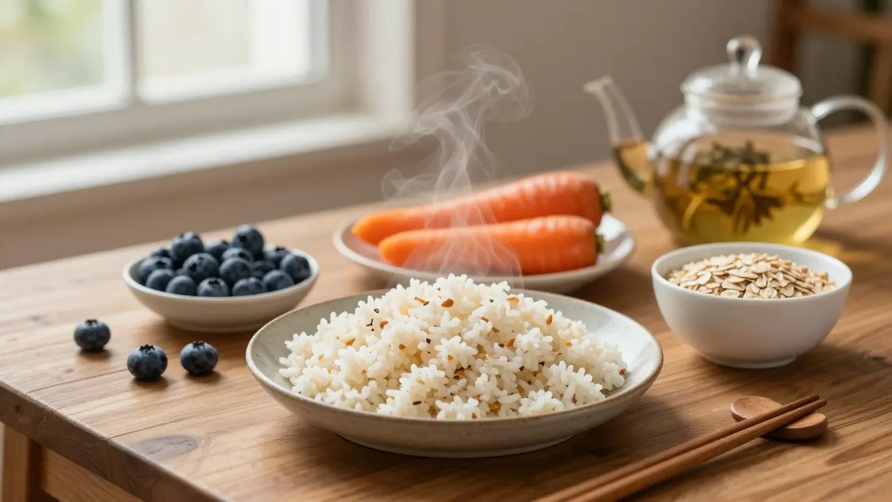 Jednoduchá jídla při horečce: rýže, mrkev, brusinky a ovesná kaše.