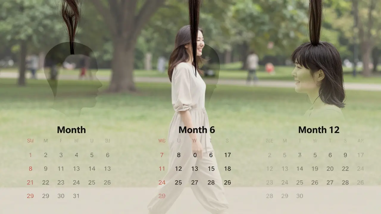 Kalendář ukazující růst vlasů během 12 měsíců s postupně silnějšími vlasy.