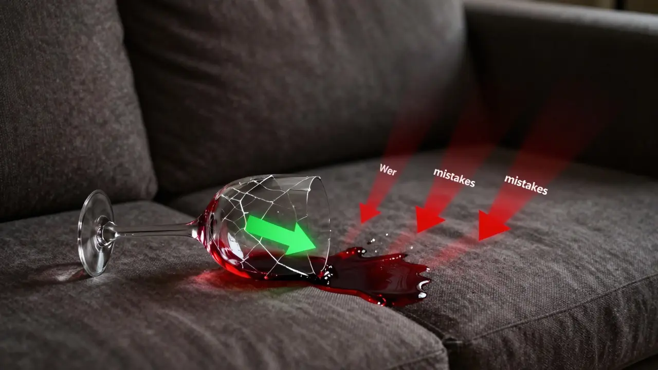 Koncepční obrázek s porovnáním správných a špatných postupů při odstraňování skvrny od vína.