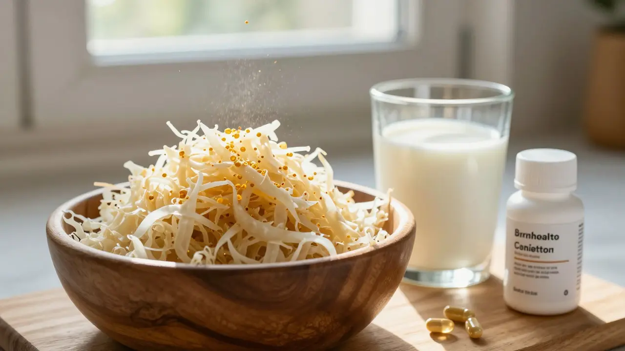 Kysané zelí, kefír a jogurt s probiotiky na dřevěné desce v přírodním světle.