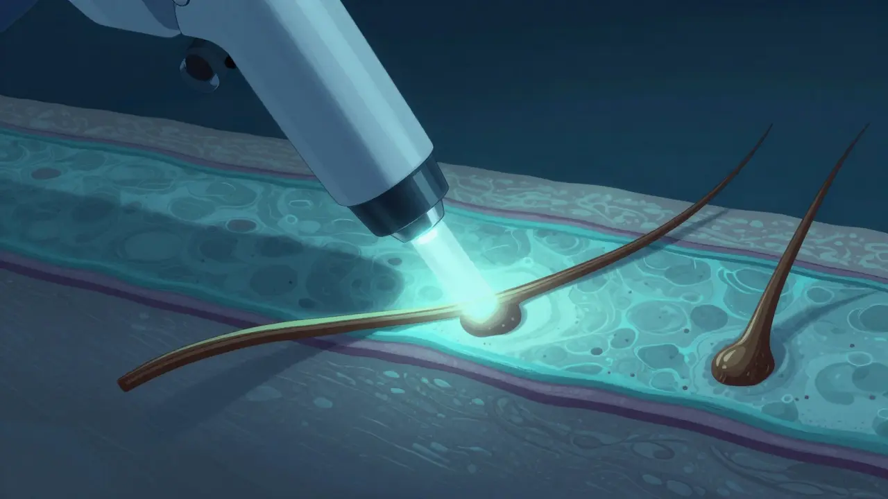 Laserový paprsek cílí na vlasový folikul v kůži, znázorňuje princip trvalé depilace.